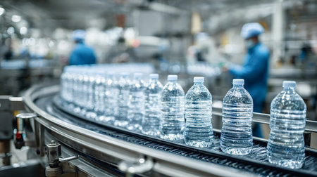 Plastic water bottles travel on a conveyor belt through a modern automated bottling line,...