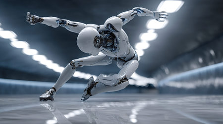 White humanoid robot posing in a dynamic, crouching stance, showcasing advanced artificial...