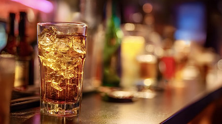 Tall glass of amber spirit with clear ice cubes resting on a textured bar surface, showing a blurred...