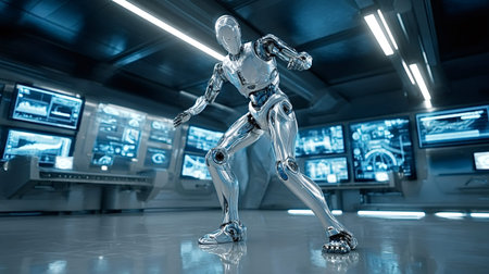 Silver humanoid robot standing in an advanced technology laboratory, showcasing artificial...