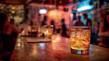 Drink with ice on a rustic wooden bar counter, illuminated by the red and blue neon lights of a...