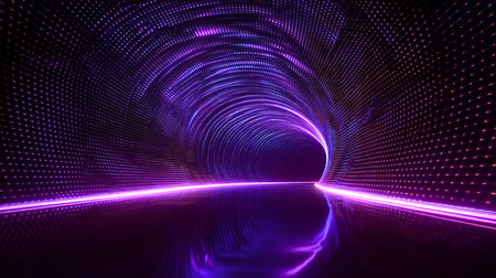 Abstract tunnel created by glowing purple and blue led pixels and neon lines, offering a dynamic visual representing data flow, innovation, and technological advancementの写真素材