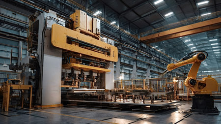 Industrial robotic arm and heavy pressing machinery automating production processes inside a modern...
