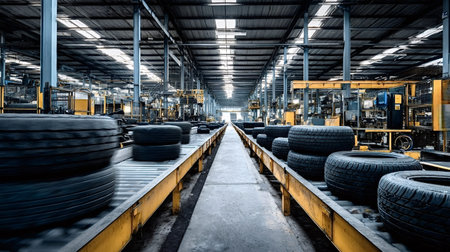 Tires on a production line moving through a large industrial factory, illustrating manufacturing...