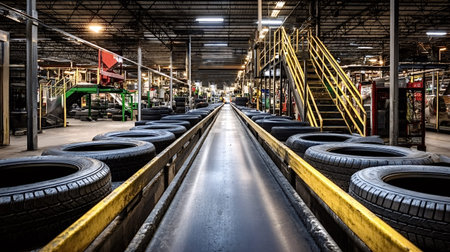 Long industrial tire production line with rubber tires moving on a conveyor through a spacious...