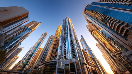 Dubai marina's contemporary architecture creating an impressive vertical landscape, showcasing...