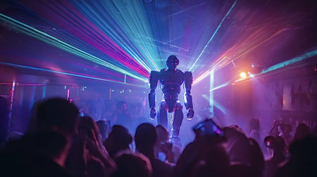 Bipedal robot standing on a stage at a vibrant nightclub, surrounded by a crowd of people, with colorful laser beams illuminating the smoky atmosphereの写真素材