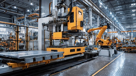 Factory robots and heavy machinery working on an assembly line, representing industrial automation,...