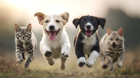 Two cheerful puppies and two energetic kittens run side by side through a grassy field, expressing...