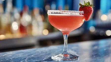 Pink strawberry margarita cocktail, garnished with a fresh strawberry and a salt rim, standing on a...