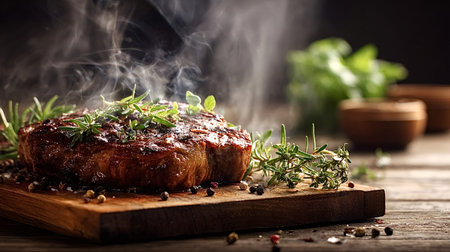 Juicy grilled beef steak smoking on a rustic cutting board, seasoned with fresh rosemary, thyme, and peppercorns, creating an appetizing aroma and rustic dining experienceの写真素材