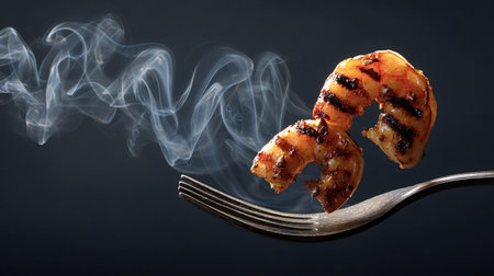 Grilled shrimp with distinct grill marks are skewered on a fork, releasing fragrant steam and rising...