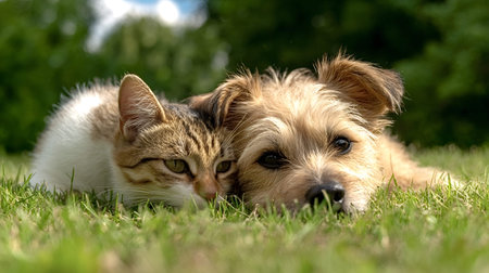 Cat and dog lying companionably side by side in green grass outdoors, a furry feline and canine pet...