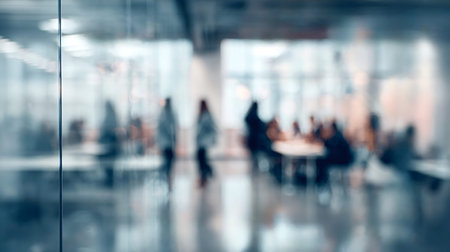 Busy corporate office interior with blurred business people walking, meeting, and collaborating in a...
