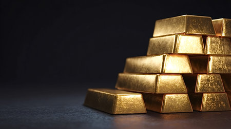 Stacked shiny gold bullion bars on a dark background symbolizing wealth, luxury, security and smart...