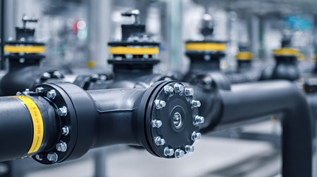 Industrial pipes, valves, and flanges forming a complex manufacturing system, highlighting...