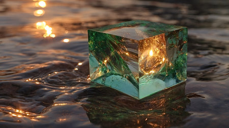 Glass cube with internal textures and a glowing sunset reflection rests in shallow rippling water,...