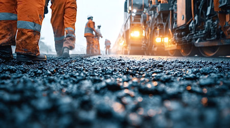 Workers in bright safety gear are busy on a construction site, observing a paving machine laying...