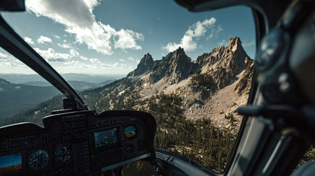 Helicopter cockpit offers a panoramic view while flying high above wilderness alpine mountains,...