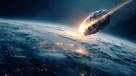 Asteroid hurtling towards earth's atmosphere, igniting with intense heat and glowing brightly as it...