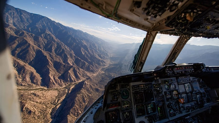 Cockpit perspective offering an aerial view of rugged desert mountains and valleys, with sunlight...
