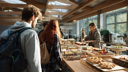 Students are selecting various food options from a buffet line in a bright university canteen, preparing for their balanced lunch in a modern cafeteria setting
