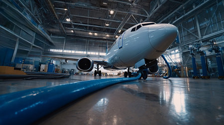 Large commercial jet airplane standing inside an industrial hangar while undergoing essential maintenance and inspection procedures by ground crew, ensuring flight safety and operational readiness