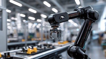 Robotic manufacturing arm automating assembly on a smart factory production line, symbolizing industry 4.0, industrial automation, and advanced engineering technology