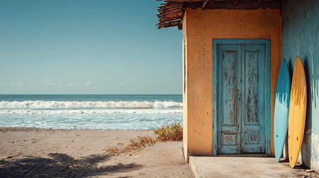 Colorful surfboards leaning against a vibrant beach shack by the sandy shore, with ocean waves breaking under a clear blue sky, evoking a feeling of summer vacation and tropical getaway