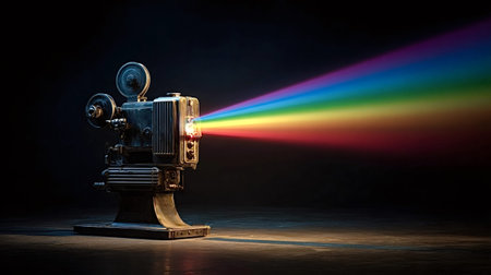 Vintage film projector standing on a dark cinematic stage, projecting a vibrant rainbow light beam, symbolizing nostalgia, creativity, and the magic of old movie experiences