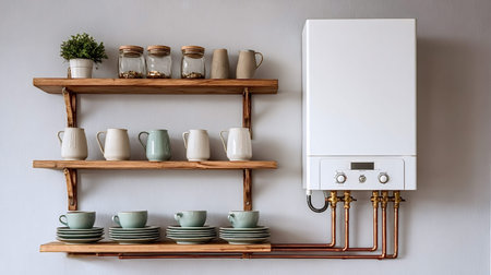 White modern gas combi boiler providing hot water and heating for a contemporary home, mounted on a light wall next to wooden shelves with various kitchenware and decorative items