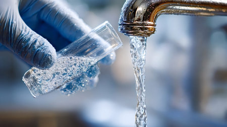 Scientist's gloved hand collecting clean water in a test tube from a faucet in a laboratory, performing quality control and analysis for purity and safety