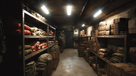 Underground storage room with metal shelves, military crates and packed bags under fluorescent lights, evoking survival, preparedness, hidden emergency reserves and wartime shelter