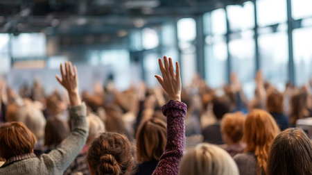 People raising hands from their seats in a blurred conference hall, actively participating in a question and answer session during a corporate event or educational presentation