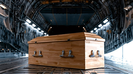 Wooden casket on cargo bay floor of a military transport plane, ready for dignified repatriation or funeral, honoring a fallen service member with solemn respect