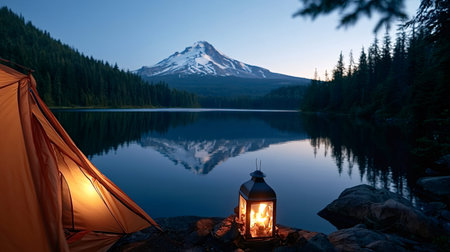 Camping tent glowing by a tranquil lake, mirroring mount hood under the twilight sky, with a warm lantern providing light on the shore, creating a peaceful and serene outdoor experience