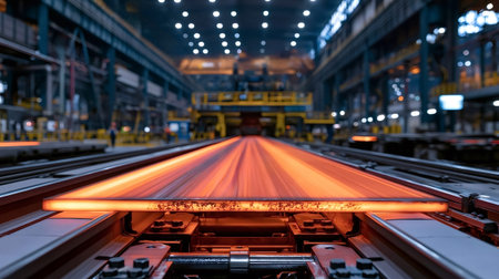 Hot glowing metal slab rolls along a conveyor in a steel mill, showcasing high temperature metal processing, automation and heavy industry machinery in a modern factory setting