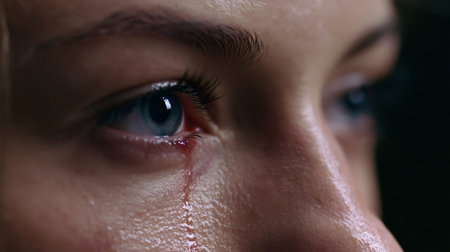 Woman's tear duct shedding a blood drop, turning into a bloody tear streaming down her skin, conveying extreme sadness, pain, and a medical emergency or condition