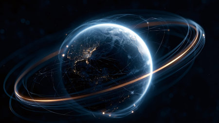 Earth is showing illuminated city lights and a glow from its atmosphere, surrounded by orbiting data paths and communication lines, representing global connectivity