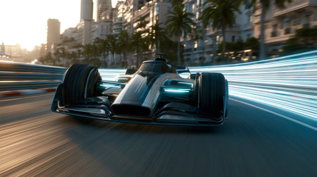 Futuristic racing car tears through an urban street circuit at sunset, leaving neon light trails and motion blur as it accelerates around a sharp city corner in high speed action