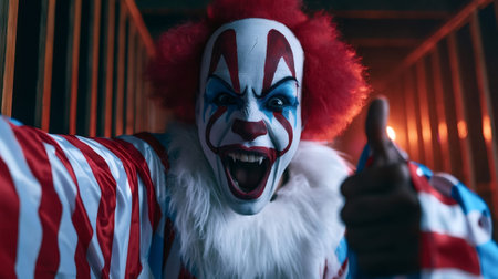 Creepy clown with sharp fangs and red hair is posing for a selfie while giving a positive thumbs up, creating a feeling of sinister approval and horror for halloween and fear concepts