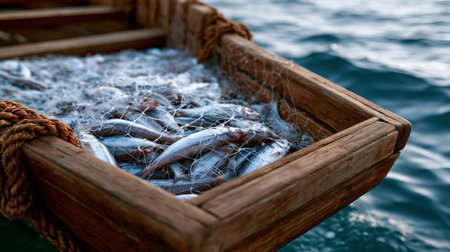 Small schooling fish caught in a white fishing net, ready for transport in a rustic wooden boat with a rope detail, floating on blue ocean water, representing sustainable fishing and seafood bounty