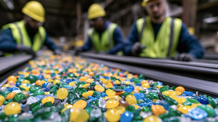 Industrial workers in safety vests and hard hats supervising a conveyor belt transporting colorful plastic flakes for sorting and recycling in a waste management facility