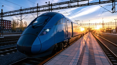 Modern blue locomotive sitting on platform tracks, reflecting the warm glow of the setting sun, symbolizing efficient transport, travel, and future connectivity