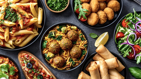 Appetizing buffet styling a range of flavorful middle eastern and italian food items including pasta, falafel, salads, and spring rolls presented on a dark table surface
