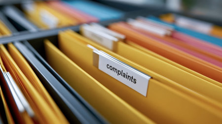 Filing drawer of yellow folders labeled complaints symbolizing customer service issues. Feedback management. Organized records and administrative processes for resolving problems and improving service