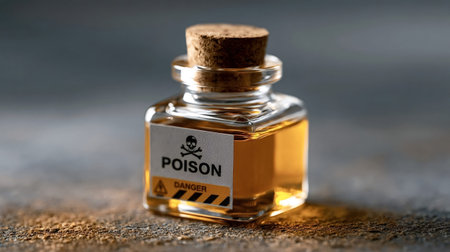 Small vintage glass bottle with a cork stopper containing a yellow liquid and a toxic warning label with a skull and crossbones symbol for danger or hazardous chemicals