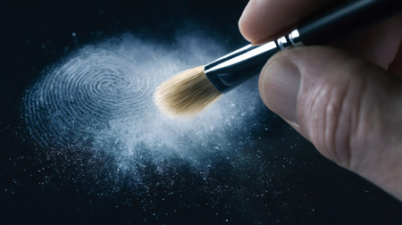 Forensic expert dusting a latent fingerprint with white powder and a brush, revealing unique ridges on a dark surface for criminal investigation and identification