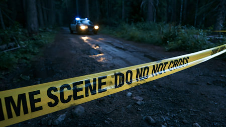 Yellow crime scene tape with black lettering restricts access to a dark, dirt forest road at night, with a police car's flashing lights visible in the distant background
