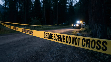 Yellow crime scene do not cross tape stretches across a dark forest road, blocking access to an ongoing police investigation with a patrol car's flashing lights visible in the background